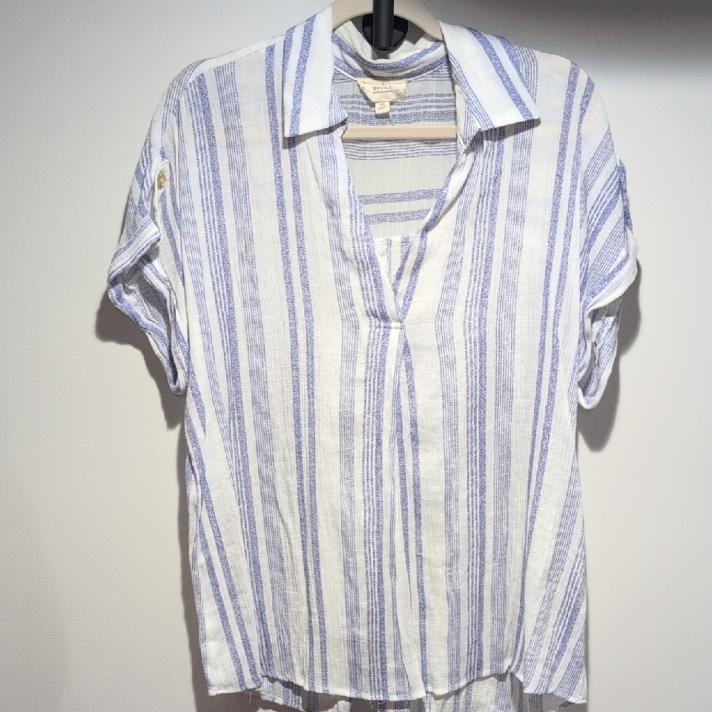 Casual Blue & White Striped V-Neck Tunic